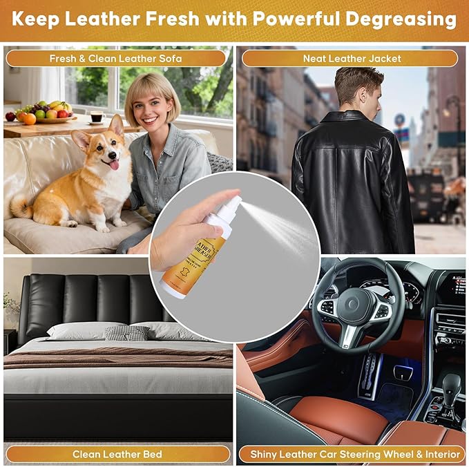 Leather Cleaner Degreaser – Quick Spray & Wipe Formula for Car Seats, Sofas, Handbags, Jackets & Shoes – Removes Grease & Oil, Gentle Leather Care, No Residue, Easy to Use