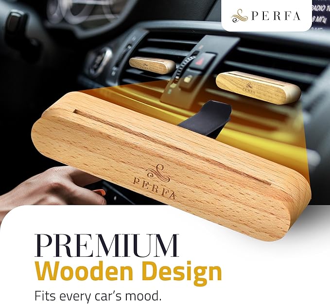 Premium Wooden Car Air Freshener Vent Clip | Box of 7 Scents Long Lasting Car Air Freshener with Magnetic Clip | Infused with Essential Oils | 60 Days' Worth of Car Scents by Perfa