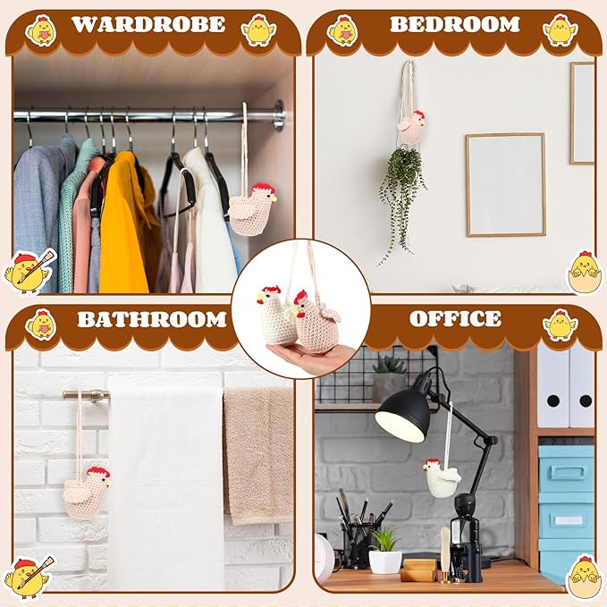 Soulchen 2 Pcs Chicken Lover Gifts Handmade Crochet Chicken Car Air Freshener Cute Crochet Car Accessories Rearview Mirror Hanging Accessories for Automotive Interior Office Home Decor, Lavender Scent