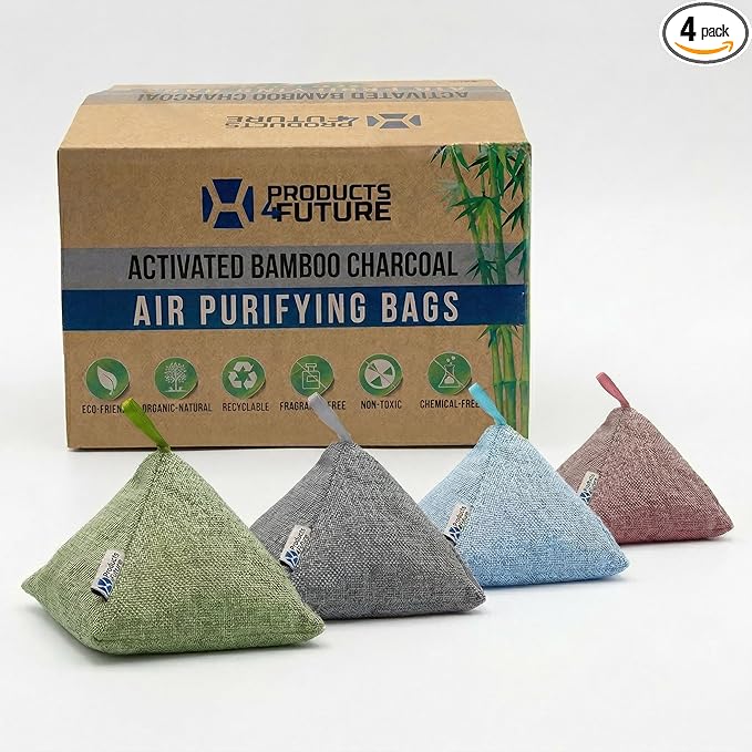 4 pack Naturally Activated Bamboo Charcoal Air Purifying Bags | Natural Home Deodorizer Bag | Charcoal Bag Odor Absorber For Pets | Odor Eliminator & Moisture Absorber Air Freshener Bag (200g Pyramid)