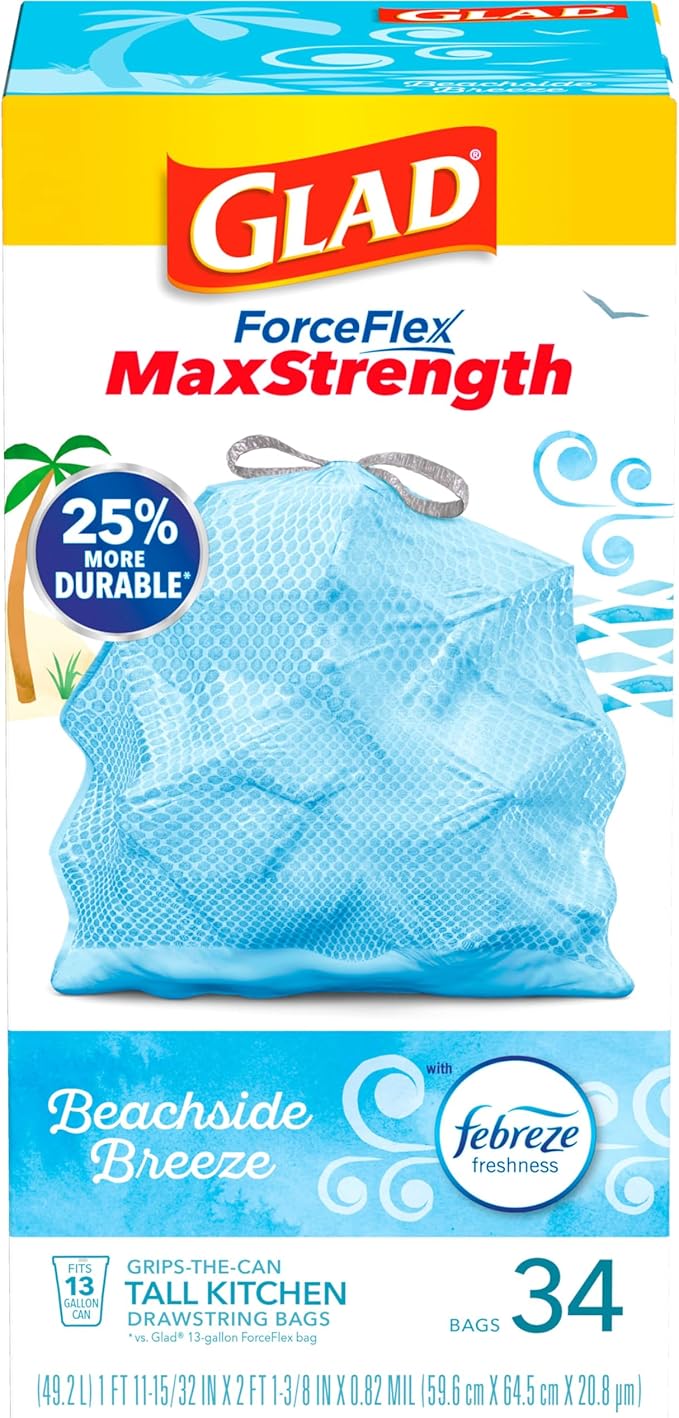 Glad Trash Bags, 13 Gallon, 34 Count (Pack of 2) | ForceFlex MaxStrength | Tall Kitchen Drawstring | Beachside Breeze Scent