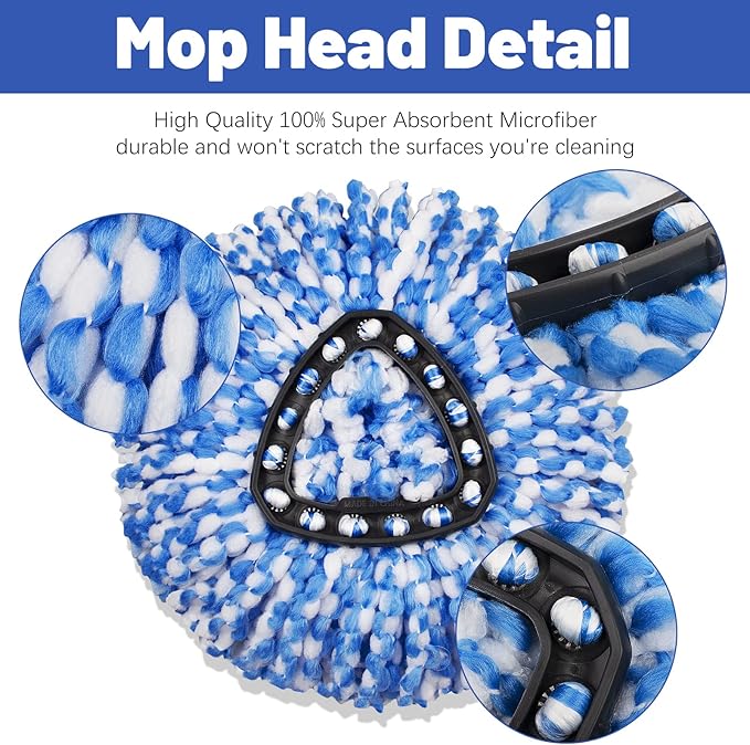 Mop Replacement Head, Base, Handle Replacement for O-Ceda EasyWring Microfiber Spin Mop, 2 Microfiber Mops Refills, 1 Triangle Mops Head Cover and 30-58in Mop Handle Set Combo