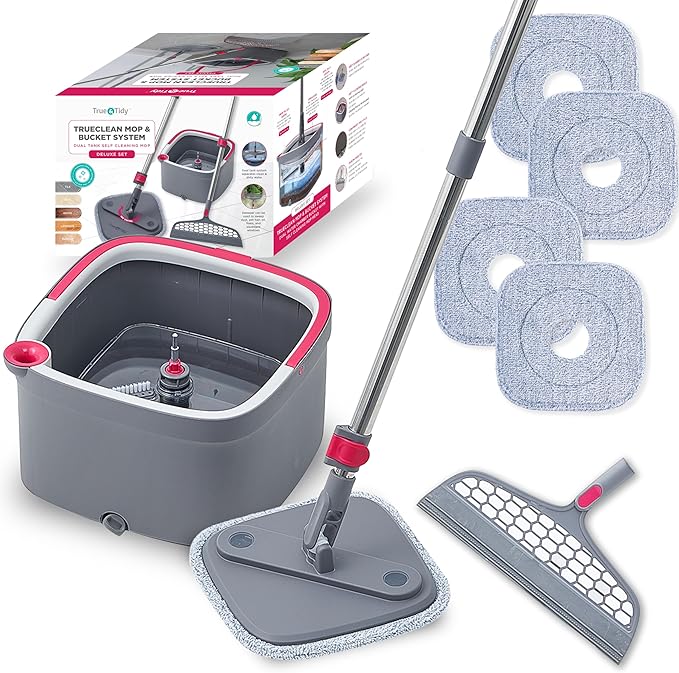 True & Tidy Spin Mop and Bucket System Deluxe with Silicone Sweeper Mop Head and 4 Machine Washable Microfiber Mop Pads