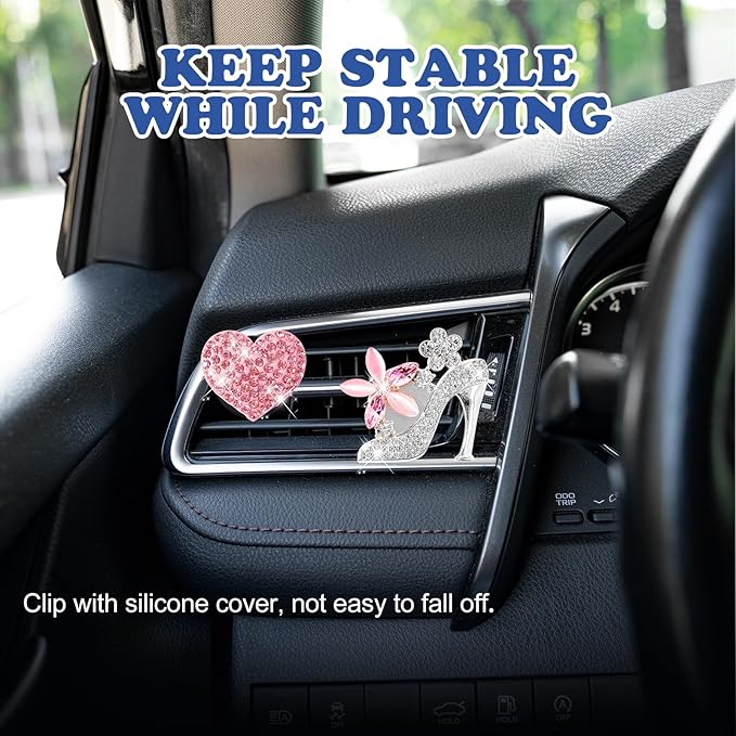 4PCS Bling Air Vent Clips, Crystal Diamond Heart Cross High Heel Shoe Perfume Bottle Diffuser Vent Clip Cute Rhinestone Car Accessories Decoration for Women (Pink)