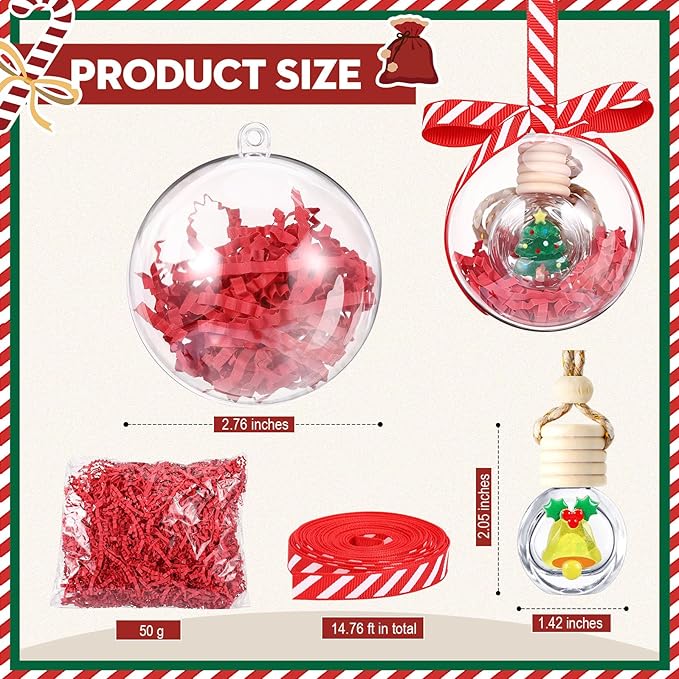 Remerry 40 Pcs Christmas Employee Appreciation Gifts Xmas Hanging Car Air Freshener Diffuser Empty Glass Perfume Bottle with Clear Plastic Ornament Ball Ribbon for Essential Oil Fragrance