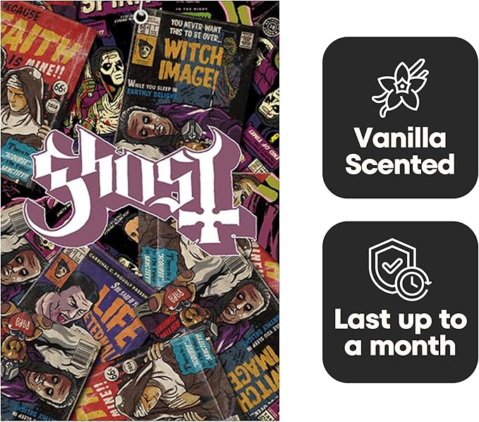 Rocksax Ghost Magazines Hanging Air Freshener – Long-Lasting Vanilla Car Air Freshener for Home & Office – Double-Sided Print Rock Band Memorabilia Car Fresheners