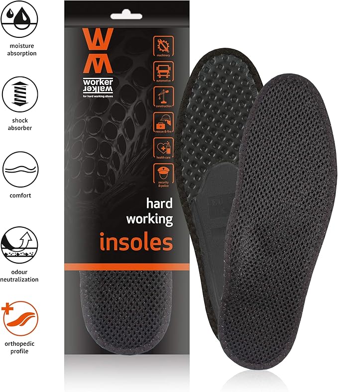 Shoe Insoles for Workwear Boots Work Shoes Safety Shoes, with Activated Carbon Charcoal Odor Control and Orthotic Arch Support, by WorkerWalker, Super Active Pro, Made in Europe (44 EUR - 11 US Men)