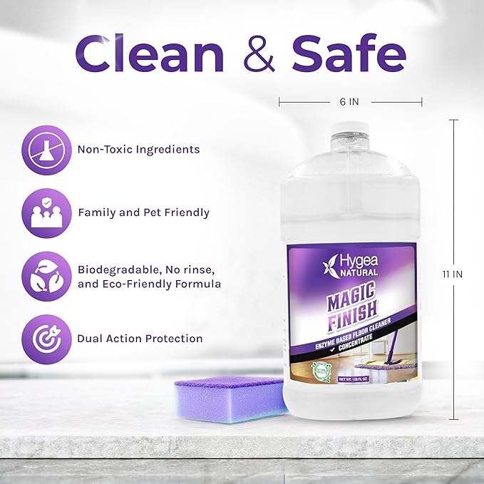 Hygea Natural Magic Finish Enzyme-Based Chemical-Free Floor Cleaner - No Rinse, Biodegradable Formula - Removes Grease Buildup in Tile & Grout - for All Hard Floors (Concentrated Gallon)