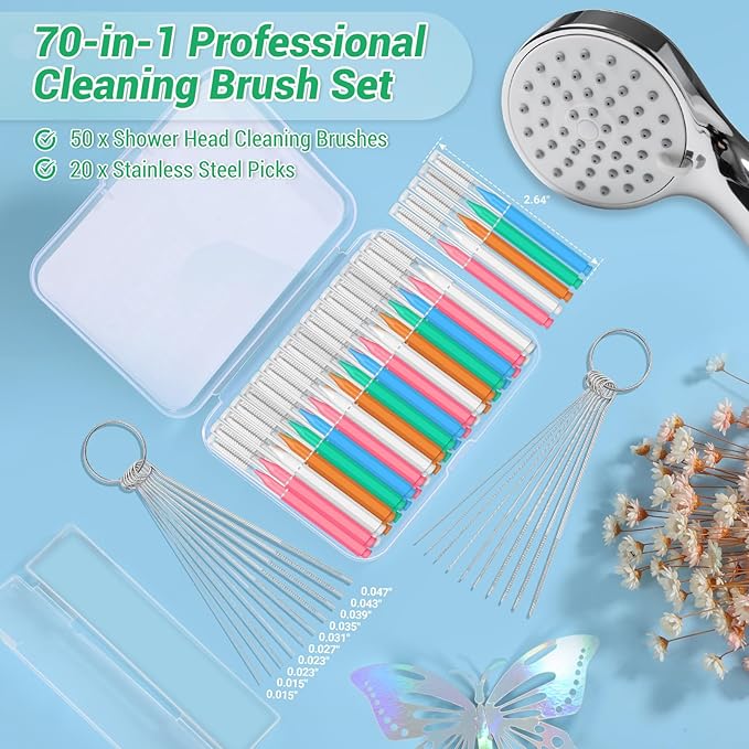 MAPVOLUT 70-in-1 Shower Head Cleaner Kit - 50 Micro Brushes + 20 Steel Picks for Clogged Nozzles, Stanley Cups, 3D Printers, Faucets -Each Tools Storage Case, Tiny Hole Unclogging Tool