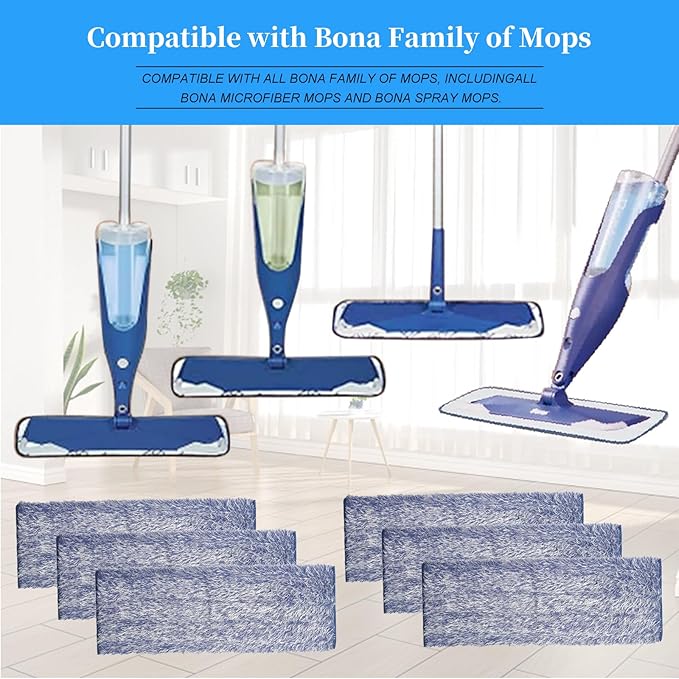 6 Pack Microfiber Dusting Pad Replacement for Bona Family of Mops, Washable & Reusable 18.3 x 6.1 Inch Mop Replacement Pads for Hardwood and Multi-Surface Floors Cleaning Head, Wet/Dry Mop