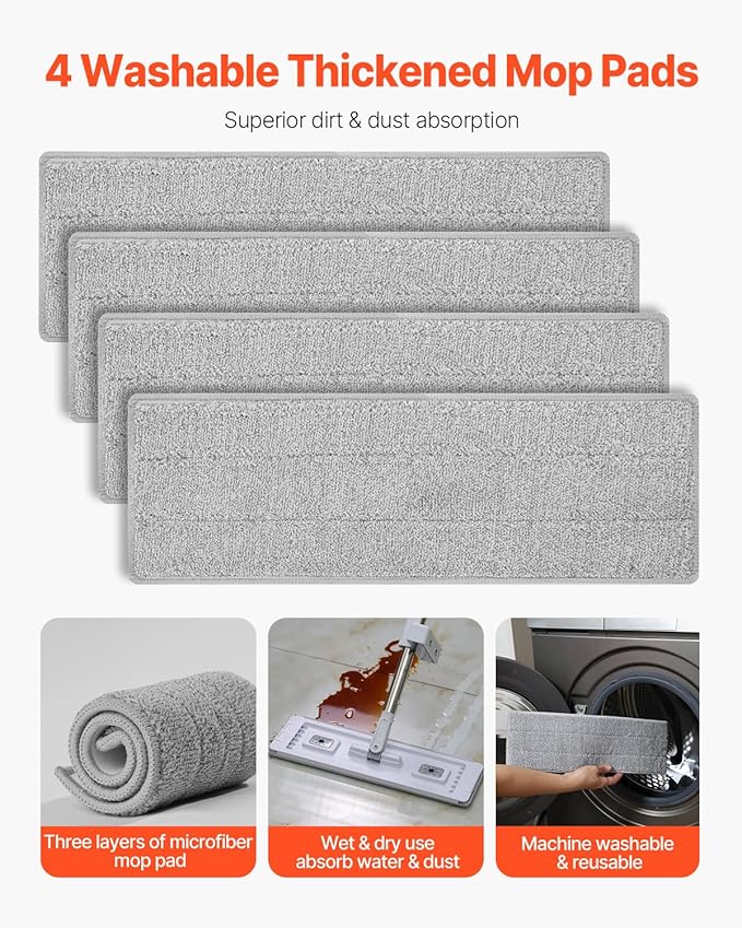 VEVOR Flat Mop, Self Wringing, Microfiber Floor Cleaner with 4 Reusable & Washable Pads for Dry & Wet Floor Cleaning, Microfiber Flat Mop with Stainless Steel Handle for Hardwood Laminate Tile Vinyl