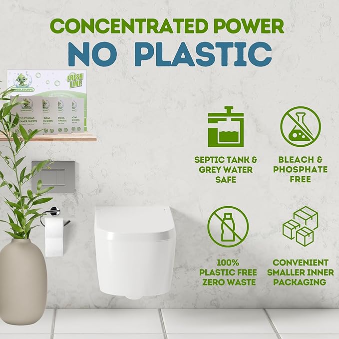 Toilet Cleaning Sheets & Descaler Tablets COMBO, 60 Toilet Bowl Cleaner Strips & 4 Toilet Stain & Ring Remover Tablets, Plastic Free, No Harsh Chemicals, Septic & Gray Water Safe, No Mess