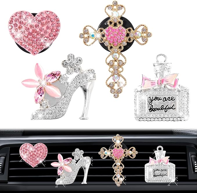 4PCS Bling Air Vent Clips, Crystal Diamond Heart Cross High Heel Shoe Perfume Bottle Diffuser Vent Clip Cute Rhinestone Car Accessories Decoration for Women (Pink)