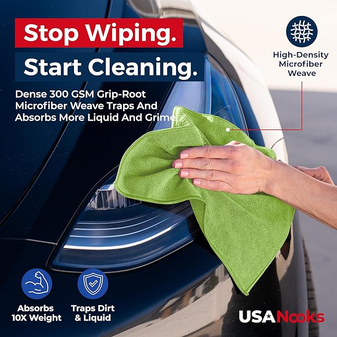 USANOOKS Microfiber Cleaning Cloth Light Green - 50 Pcs 12.5"x12.5" - High Performance - 1200 Washes, Ultra Absorbent Towels Weave Grime & Liquid for Streak-Free Mirror Shine - Car Washing Cloth