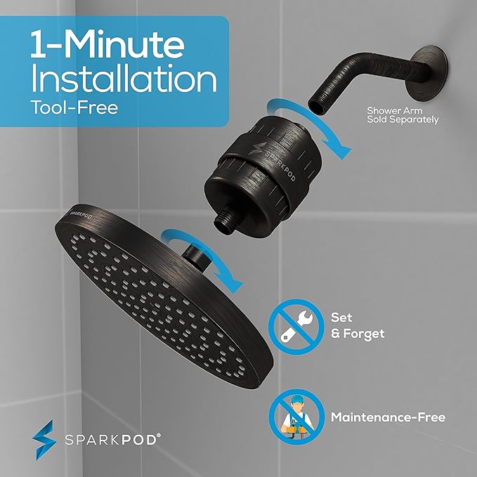 SparkPod Luxury Filtered Shower Head Set 23 Stage Shower Filter - Reduces Chlorine and Heavy Metals - High Pressure Showerhead Filter (8" Round, Vintage Oil-Rubbed Bronze)