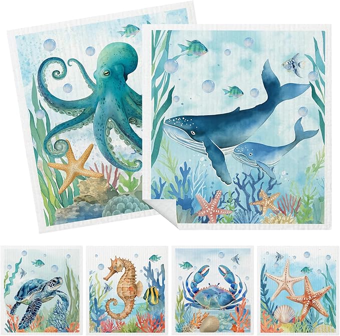 Mixed Ocean Animal Swedish Kitchen Dishcloths Dish Towels 6 Pack, Dish Towels for Kitchen, Swedish Dishcloth with Octopus, Paper Towels Reusable, Dish Cloth Towel Cleaning Wipe for Home Party