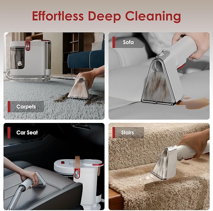Portable Upholstery and Carpet Cleaner Machine, 15Kpa Spot Cleaner Deep Cleans Pet Stains, Couch Cleaner with 3 Tools and Self-Cleaning System for Area Rugs, Furniture, Stair, Car, Rose
