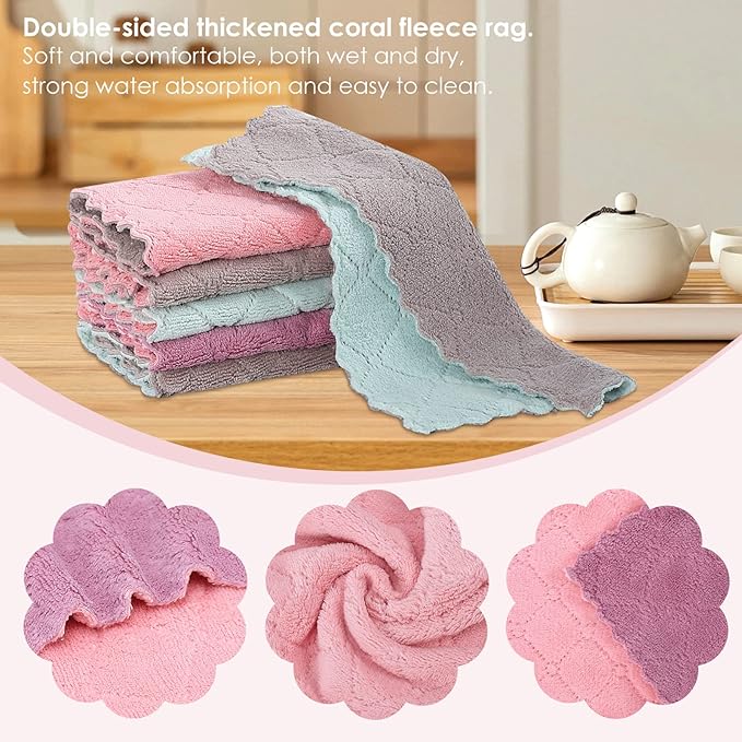 22 Pack Kitchen Dish Cloths, Reusable Dish Towels, Nonstick Oil Washable Fast Drying, Super Absorbent Coral Velvet Cleaning Cloths for Cleaning Tableware, Kitchen, Bathroom(Pink-purple-10" x 6")