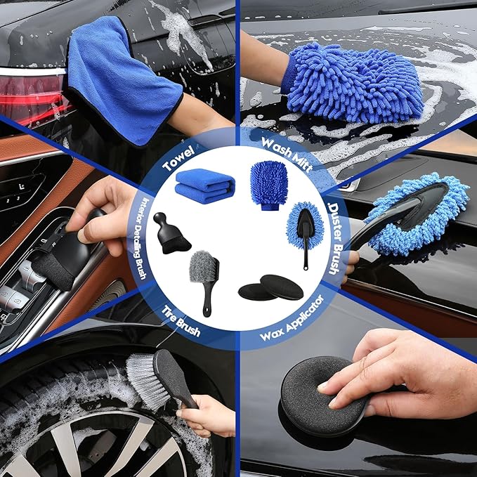 38Pcs Car Detailing Kit, Car Detailing Brush Set, Car Wash Cleaning Kit, Car Detailing Brushes, Professional Car Care Kit for Interior Exterior Wheels, Blue