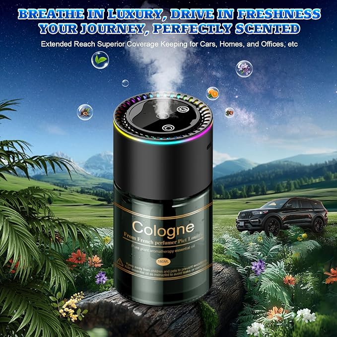 Smart Car Air Freshener, CarDiffuser with 6.09 Fl Oz /180ml Capacity Essential Oil Last 9 Months Fragrance, 5s Full-Car Fragrance, Adjustable Intensity, Auto On/Off, Women & Men for Cologne Scent