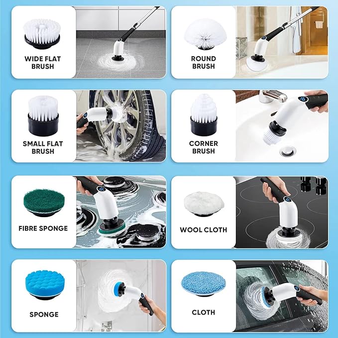 Electric Spin Scrubber, Cordless Cleaning Brush Power Shower Scrubber Long Handle Extendable Handheld Electric Scrubber for Bathroom Floor Tub Tile with 8 Replaceable Brush Heads & Hook