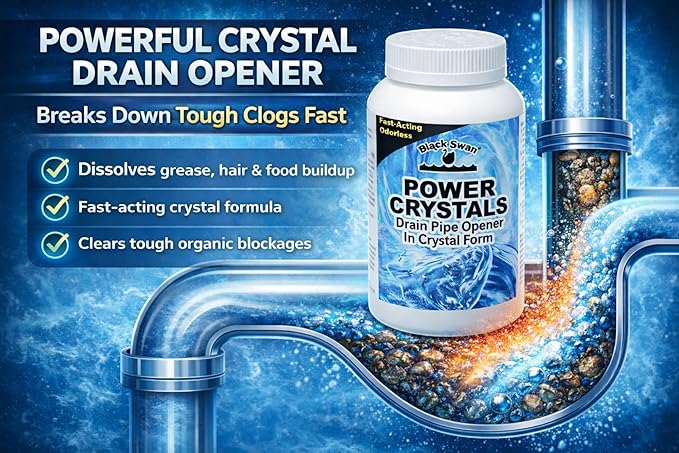 Black Swan 09177 Power Crystals Drain Opener, 32 oz - Heavy Duty Crystal Formula for Cleaning Clogged Drain Pipes Due to Grease, Food Scraps - Safe for Plumbing & Septic Systems