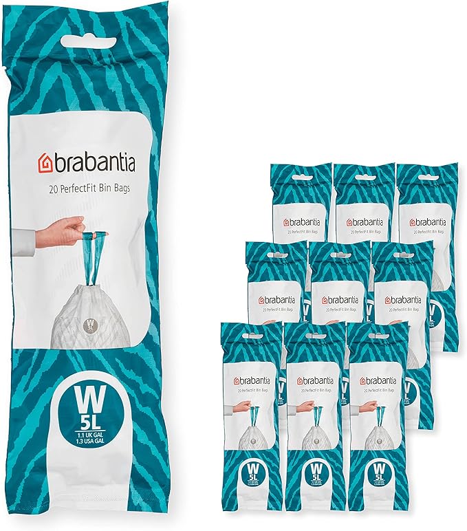 Brabantia PerfectFit Trash Bags (Size W/1.3 Gal) Thick Plastic Trash Can Liners with Drawstring Handles (200 Bags)
