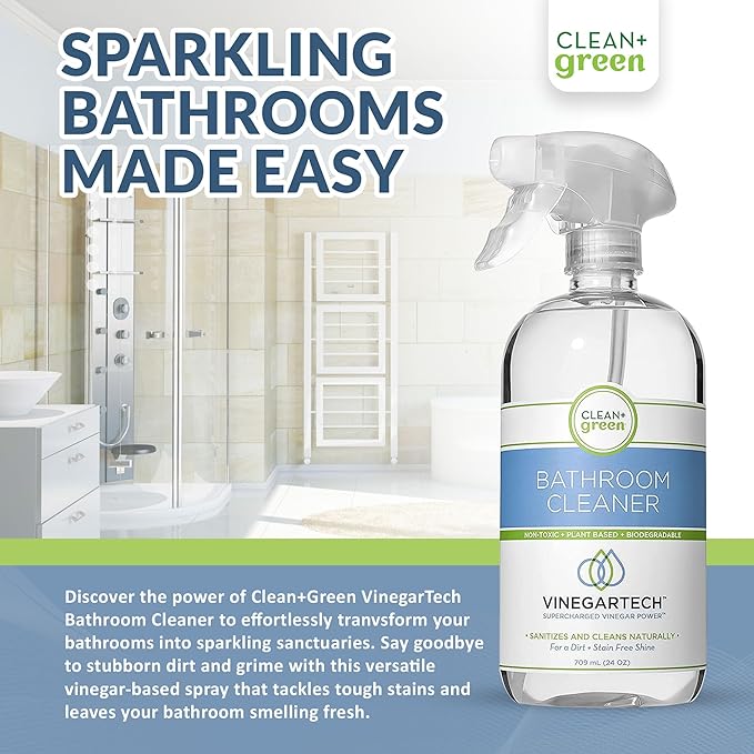 CLEAN+GREEN VinegarTech Bathroom Cleaner - Vinegar Spray All Purpose Cleaner Removes Dirt & Grime Shower, Tub, Tile Floor - Vinegar Cleaner Household Cleaning Supplies - Cleaning Vinegar 24 Fl Oz