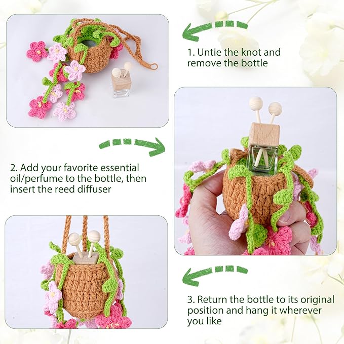 Crochet Car Air Freshener, 8 ml Empty Refillable Oil Diffuser Bottle with Hanging Crochet Red Daisies Plant & Hanging Tools, Car Rearview Mirror Diffuser for Wall Art & Home & Office Decoration