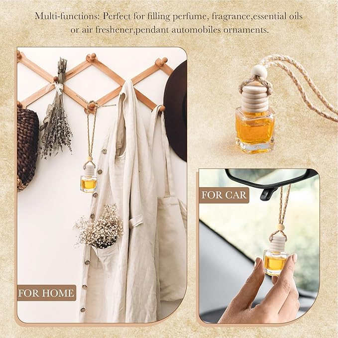 Zubebe 250 Pcs Hanging Car Diffuser Bottles Bulk, 5 Styles Empty Glass Refillable Air Freshener Bottles with Wooden Cap for Perfume Essential Oils Fragrance Aromatherapy Ornament, 8ml 10ml