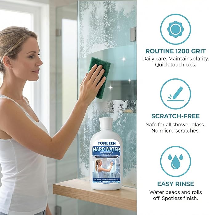 Hard Water Stain Remover Paste with Polishing Pads – Calcium & Limescale Cleaner for Shower Glass, Shower Doors & Tiles, Includes 800 & 1200 Grit Pads, 500ml,16.9fl oz