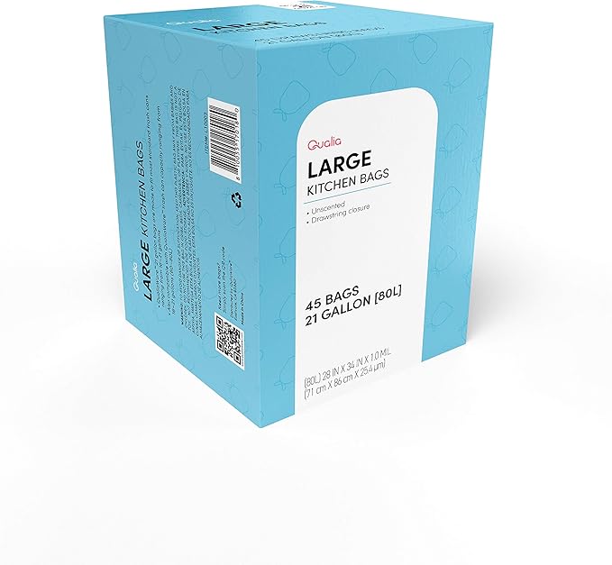UNSCENTED 21 Gal / 80 Liter | Drawstring Closure Trash Bag | Heavy Duty By Qualia (UNSCENTED, 90 BAGS)