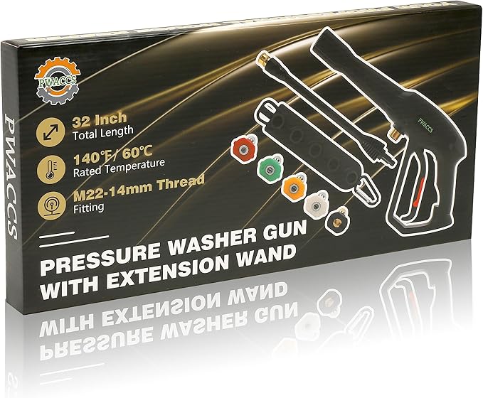 PWACCS Pressure Washer Gun Replacement with Extension Wand Kit — Power Washing Trigger Handle with 5 Spray Nozzles — Pressure Washer Parts Compatible with Ryobi, Green Works & Karcher — 2000 PSI MAX