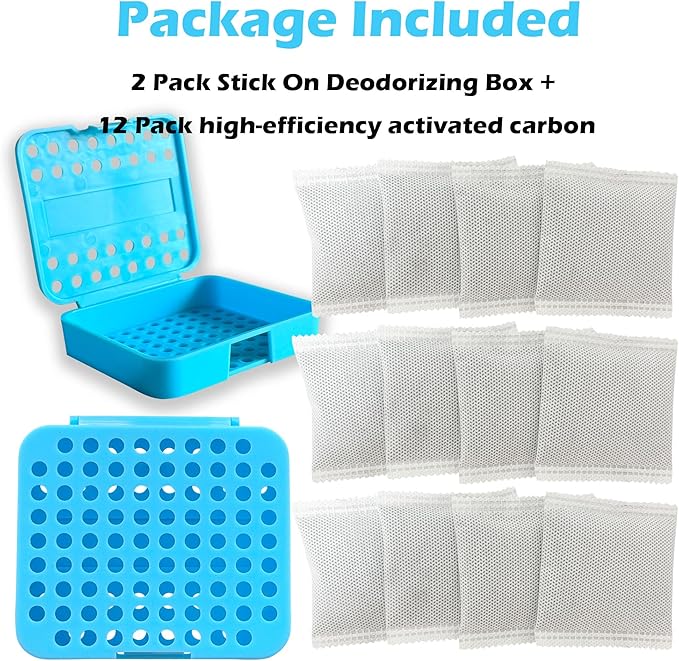 2 Pack Stick On Deodorizing Box, 12 Pack Odor Removing Refills for Trash Can, Activated Charcoal Odor Eliminator for Indoor Kitchen Trash/Diaper Pails/Wardrobe/Shoe Cabinet (Blue)