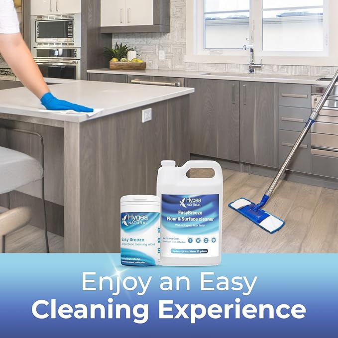 Hygea Natural EasyBreeze Ultimate Cleaning Bundle - PH Neutral Floor & Hard Surface Cleaner with All-Purpose Wipes - Luxurious Clean Scented (1 Gallon Floor Cleaner, 50 ct. Wipes)
