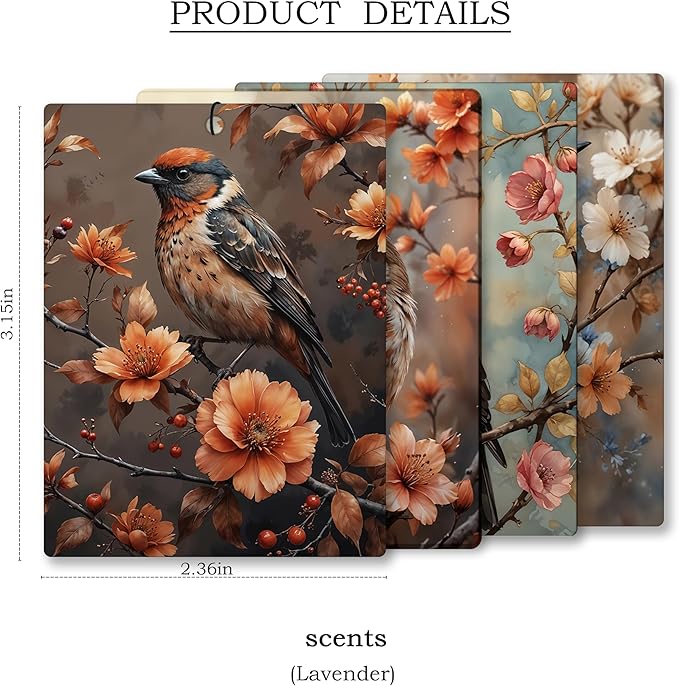 Vintage Floral Bird Car Air Freshener 4 Pcs, Cottagecore Nature Animal Hanging Scents Air Freshener for Women Girls Gifts, Birds Lover Gifts Scented Car Accessories Decor for Room Closet Drawer