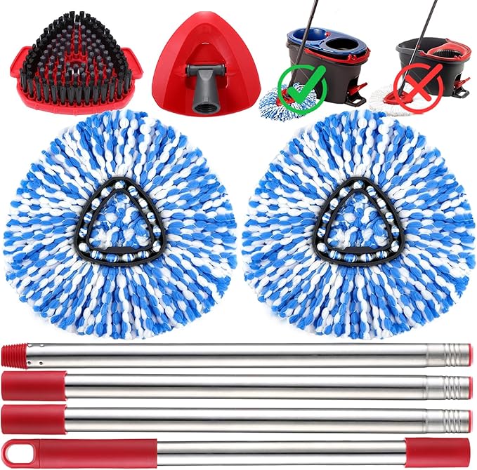 RinseClean Spin Mop Replacement Head Spin Mop Refills for O-Cedar RinseClean Microfiber Spin Mops 2-Tank System, 2 Microfiber Mop Refills, 1 Triangle Head Cover, 1 Scrubber Head and Handle for Ocedar