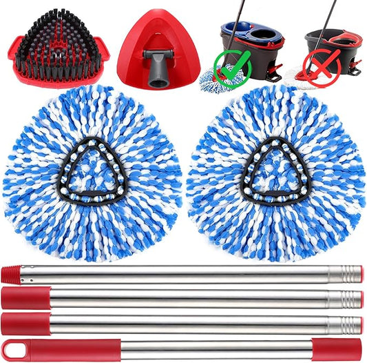 RinseClean Spin Mop Replacement Head Spin Mop Refills for O-Cedar RinseClean Microfiber Spin Mops 2-Tank System, 2 Microfiber Mop Refills, 1 Triangle Head Cover, 1 Scrubber Head and Handle for Ocedar