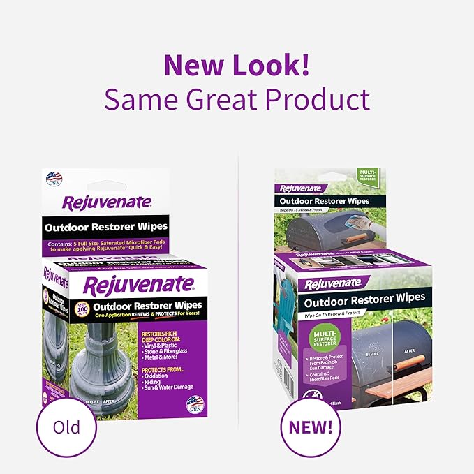 Rejuvenate Outdoor Restorer Wipes, 5 Count, Individually-Wrapped Pre-Saturated Microfiber Wipes Restore Faded and Weathered Surfaces Such As Patio Furniture, Shutters, Siding, And More, 12 Pack