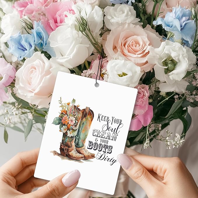 Mancheng-zi Retro Western Car Air Freshener 3Pcs, Floral Cowgirl Boots Inspirational Air Freshener Hanging for Cars Closet Drawer or Books, Western Girly Car Accessories Mirror Decor for Women