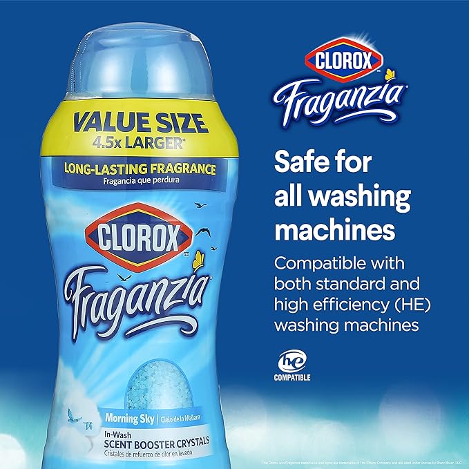 Clorox Fraganzia Laundry Scent Booster Crystals, In-Wash Fragrance Beads for Fresh-Smelling Clothes & Linens, Safe for All Fabrics & Colors, Easy-Pour Bottle, Morning Sky Scent, 70 Oz