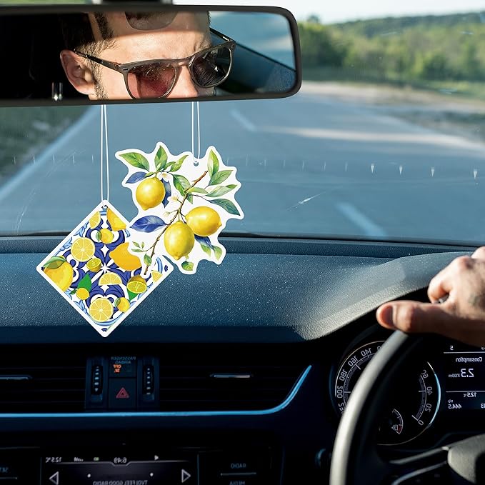 8Pcs Capri Lemon Car Air Fresheners Spring Summer Fruit Blue Tiles Yellow Scented Rearview Mirror Hanging Ornaments Decoration Amalfi Coast Positano Mediterranean Automotive Interior Accessories Decor
