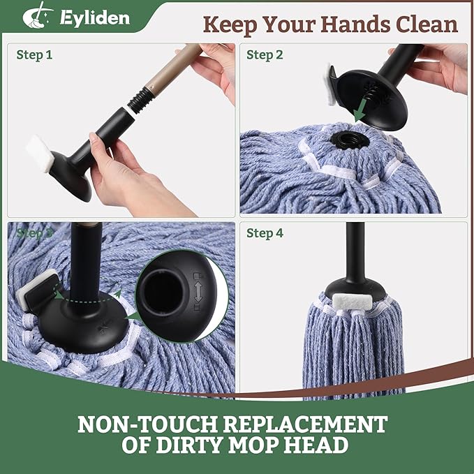 Eyliden String Mop, Cotton Mop with Wet & Dry Non-Touch Replacement, 2 Reusable Heads, 4 Scouring Pads, Adjustable Handle, Home Commercial Floor Cleaning Tools for Tile, Wood, Concrete Surfaces (Blue)