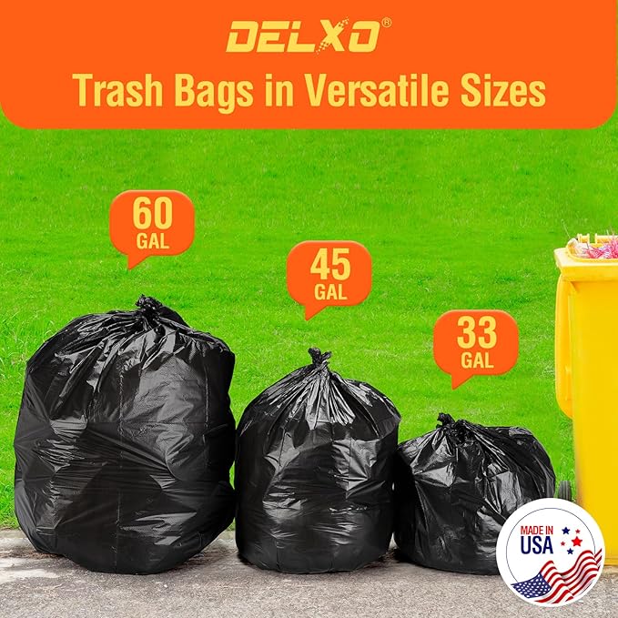 Delxo 30-33 Gallon Trash Bags, 2000 Count – 0.6 Mil Medium Duty Garbage Bags, Durable Plastic Bolsas para basura, Perforated Design– Made in USA for Kitchen, Yard, Office (Black)