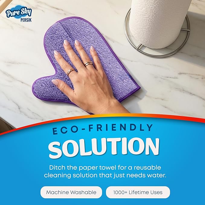 persik Pure-Sky Ultra Microfiber Cleaning Glove – JUST ADD Water No Detergents Needed - 2-in1, Combination for Glass and Multipurpose – Streak Free Magic Window Polishing Glove - Removes Stains, Dust
