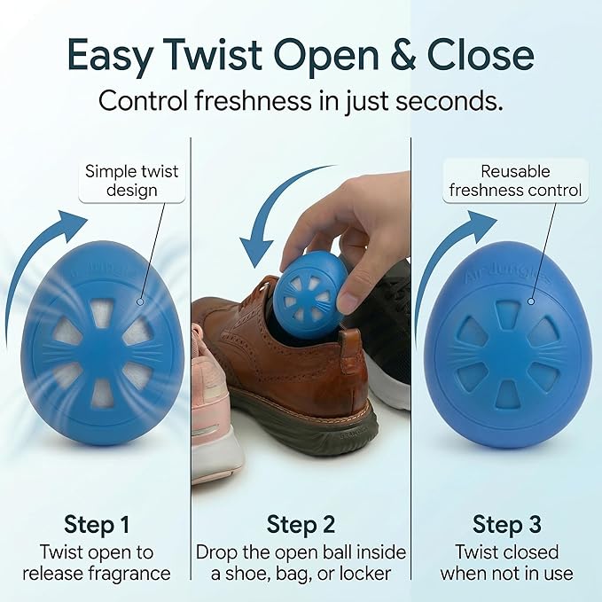Air Jungles Odor Deodorizer Balls for Shoes, Fresh Linen Scent, Natural Tea Polyphenols and Essential Oil, Long Lasting Odor Eliminator Air Freshener Twist Ball, Upgraded Formula