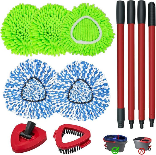 5 Pack Spin Mop Heads Replacements,Mop Handle,Base Scrub Brush for O-Cedar RinseClean 2-Tank Sytem