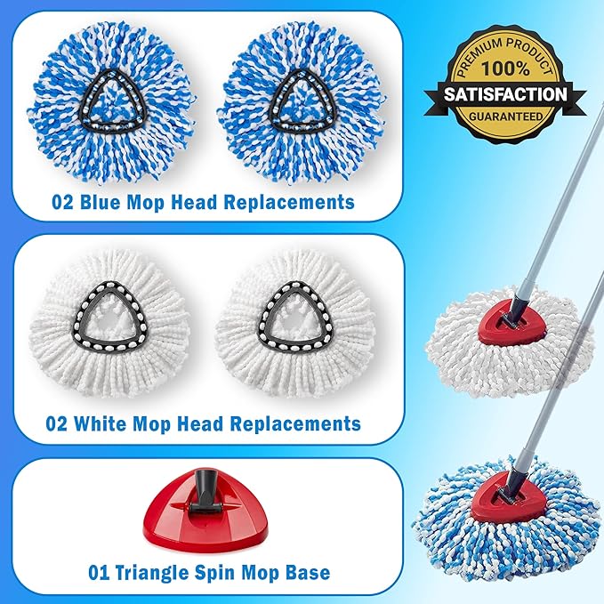 O-Cedar Mop Head Replacement – 4 Pcs Durable and Machine Washable Mop Heads Replacements with Triangle Spin Mop Replacement Head Base – Compatible with O-Cedar Mop, O-Cedar Spin Mop, & Ocedar Mop Head