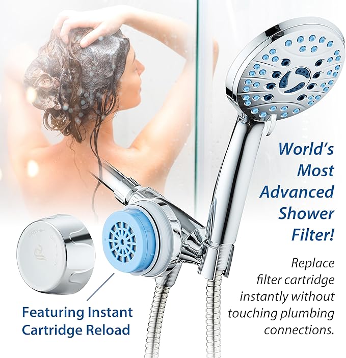 AquaCare Skin & Hair - World's Only Handheld Shower Head Filter with Built-in Hand Shower Bracket, ON/OFF Filtration Modes, Instant Cartridge Reload & Stay-Clean American KDF Cartridge, Chrome Finish