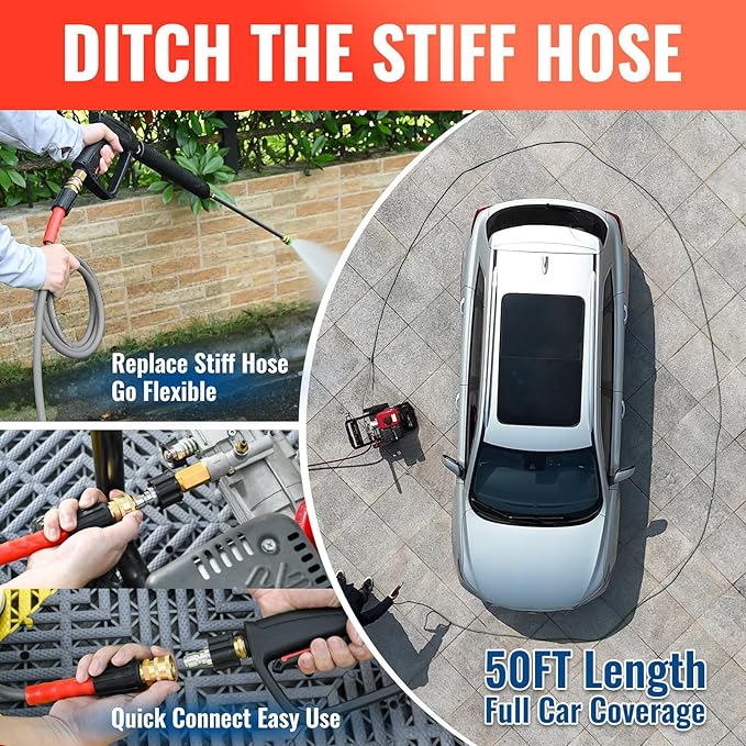 YAMATIC Upgraded Flexible Pressure Washer Hose 50FT 1/4", 3200 PSI Non-Kink Replacement with M22-14mm & 3/8" Quick Connect Adapters, Extension for Gas Power Washer Troy-Bilt Ryobi Honda Craftsman